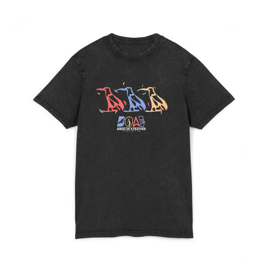 Acid Wash Penguin Graphic Tee — Retro Color Block Round Neck T-Shirt
