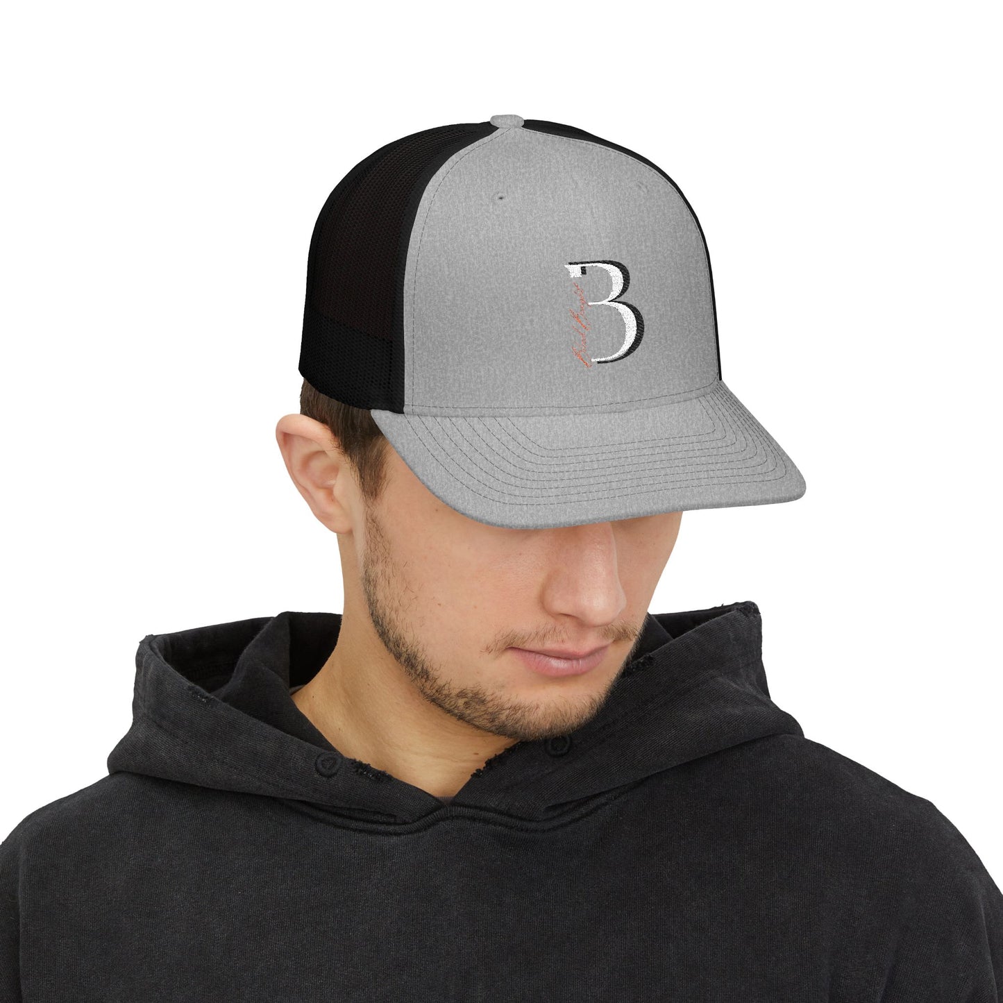 Embroidered 'Blood Bought Flame Trucker Hat — Black/White Snapback Cap