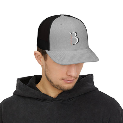 Embroidered 'Blood Bought Flame Trucker Hat — Black/White Snapback Cap