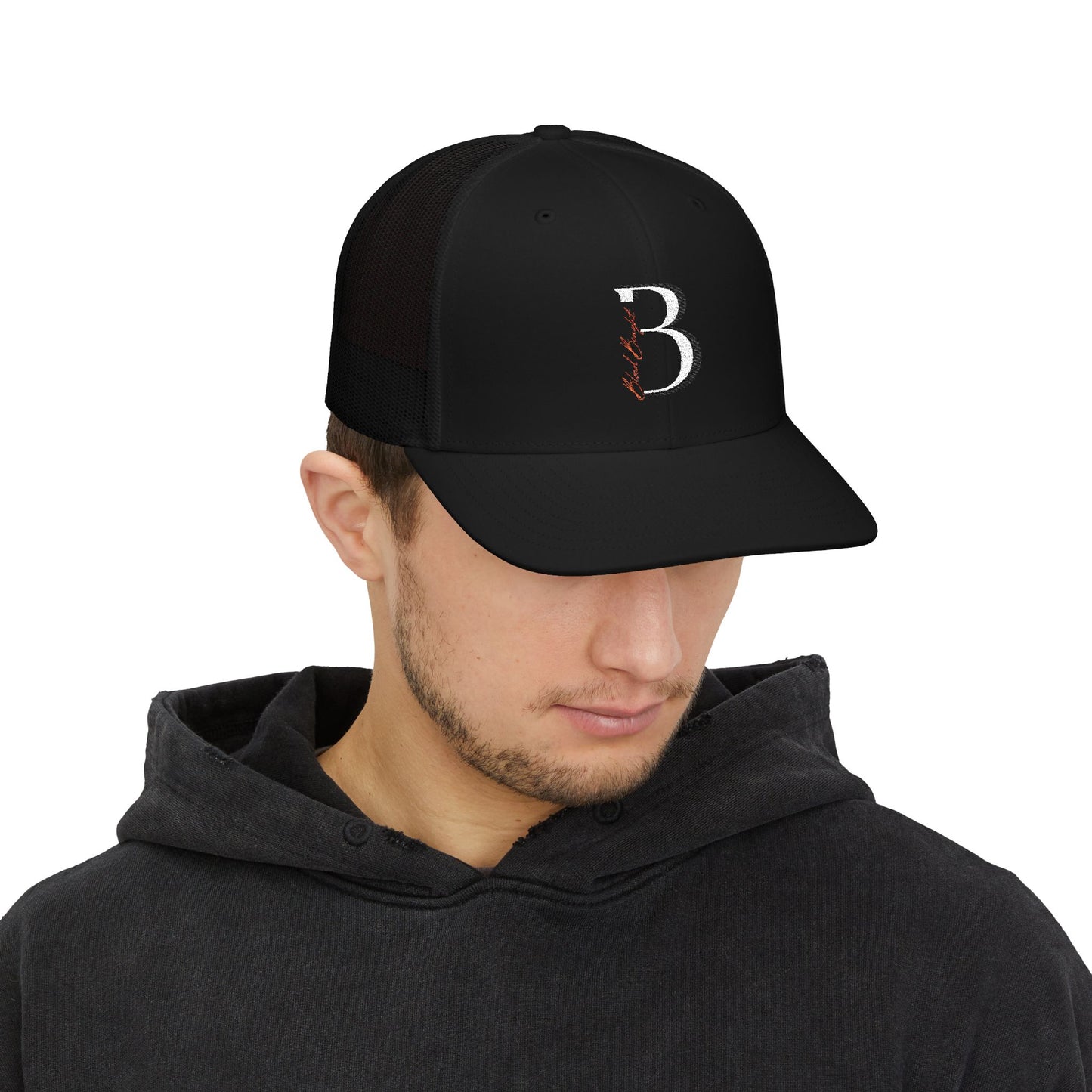 Embroidered 'Blood Bought Flame Trucker Hat — Black/White Snapback Cap