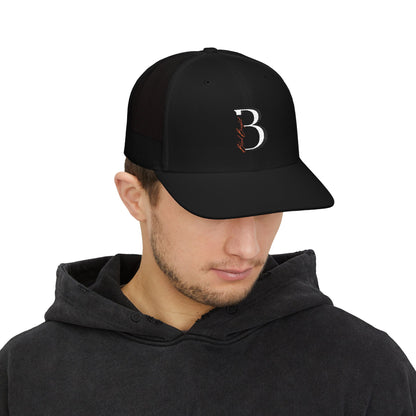 Embroidered 'Blood Bought Flame Trucker Hat — Black/White Snapback Cap