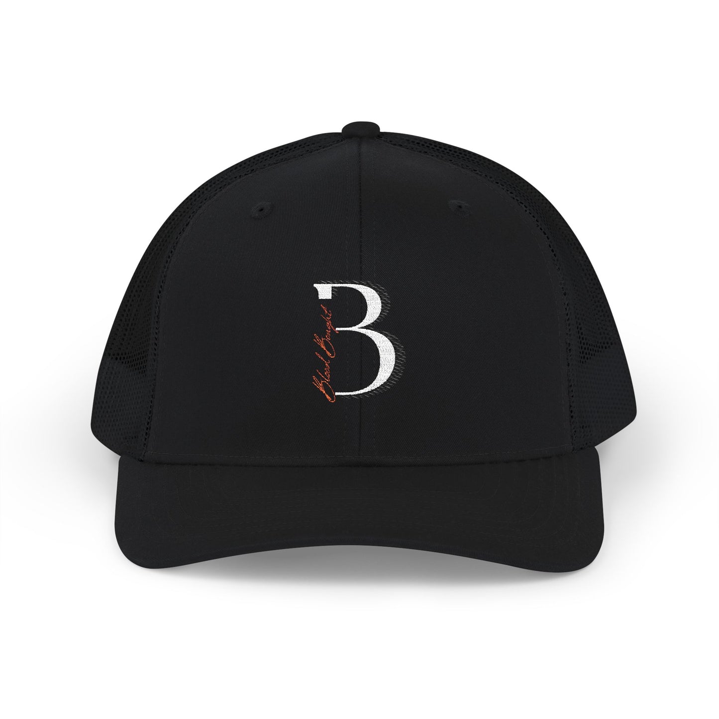 Embroidered 'Blood Bought Flame Trucker Hat — Black/White Snapback Cap