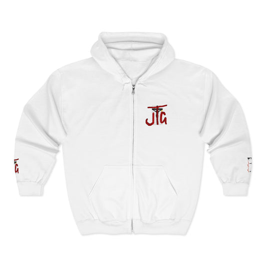 JTG Monogram Zip Hoodie - White Full-Zip Hooded Sweatshirt with Red Script Logo