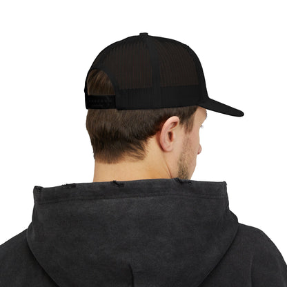 Embroidered 'Blood Bought Flame Trucker Hat — Black/White Snapback Cap