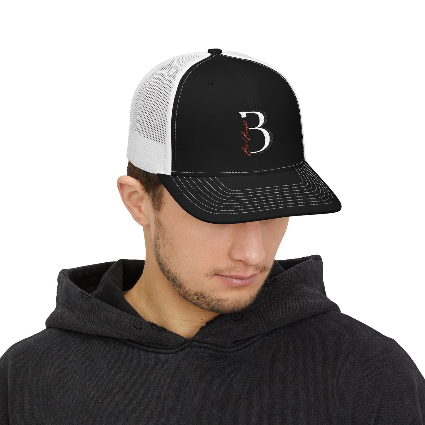Embroidered 'Blood Bought Flame Trucker Hat — Black/White Snapback Cap