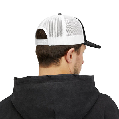Embroidered 'Blood Bought Flame Trucker Hat — Black/White Snapback Cap