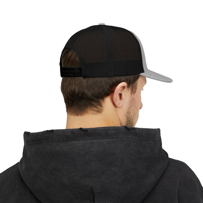 Embroidered 'Blood Bought Flame Trucker Hat — Black/White Snapback Cap